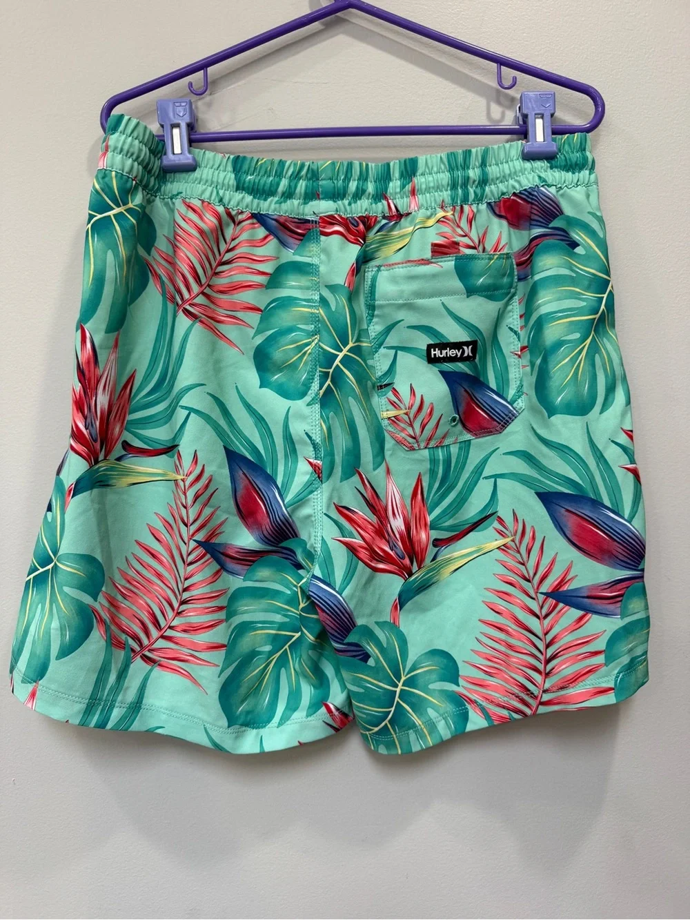 Hurley Men’s Teal Tropical Swim Trunks with Red Leaf Print